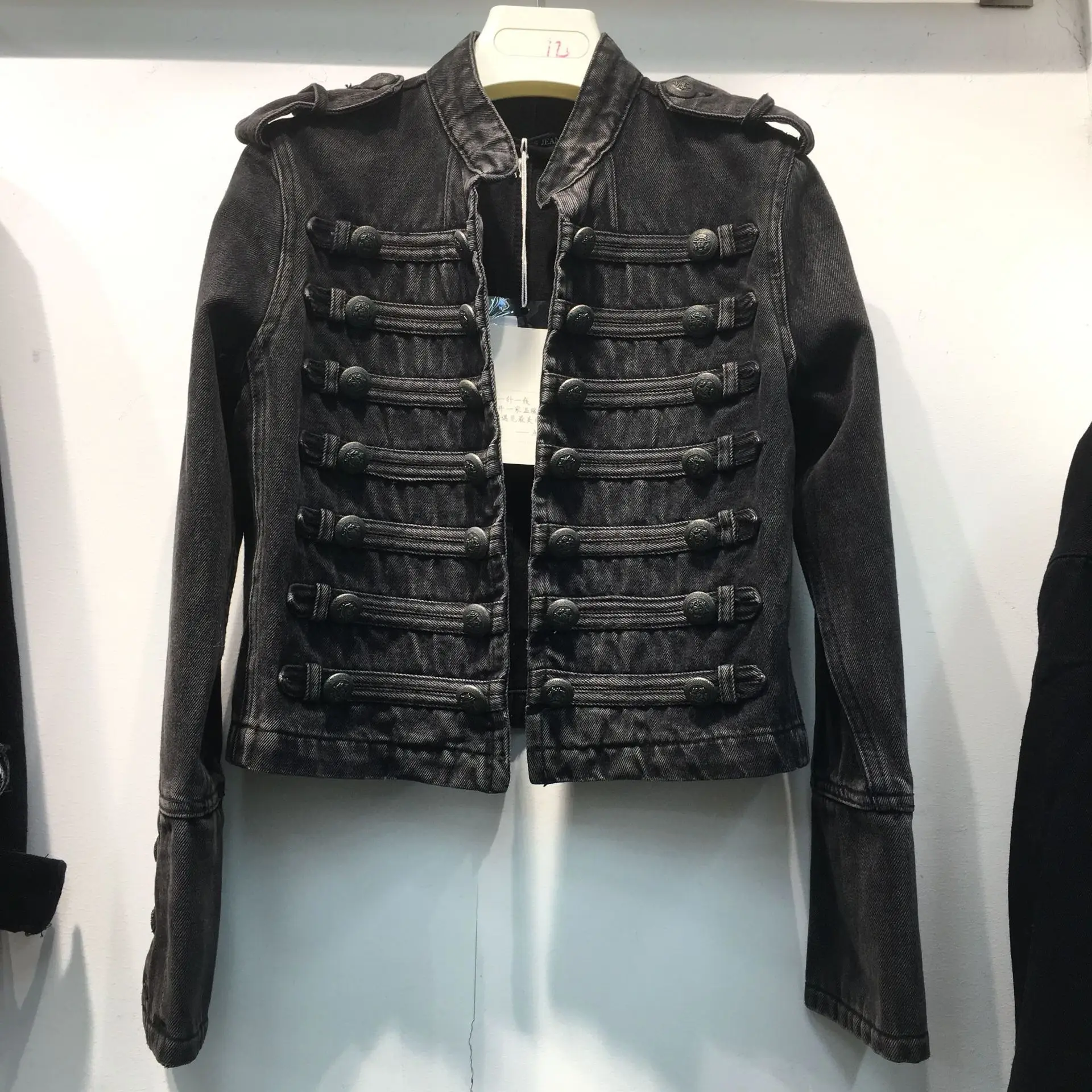 Retro Regency Spencer หล่อทหาร Double-breasted Buttoned สั้น DENIM STAND COLLAR JACKET สําหรับผู้หญิง