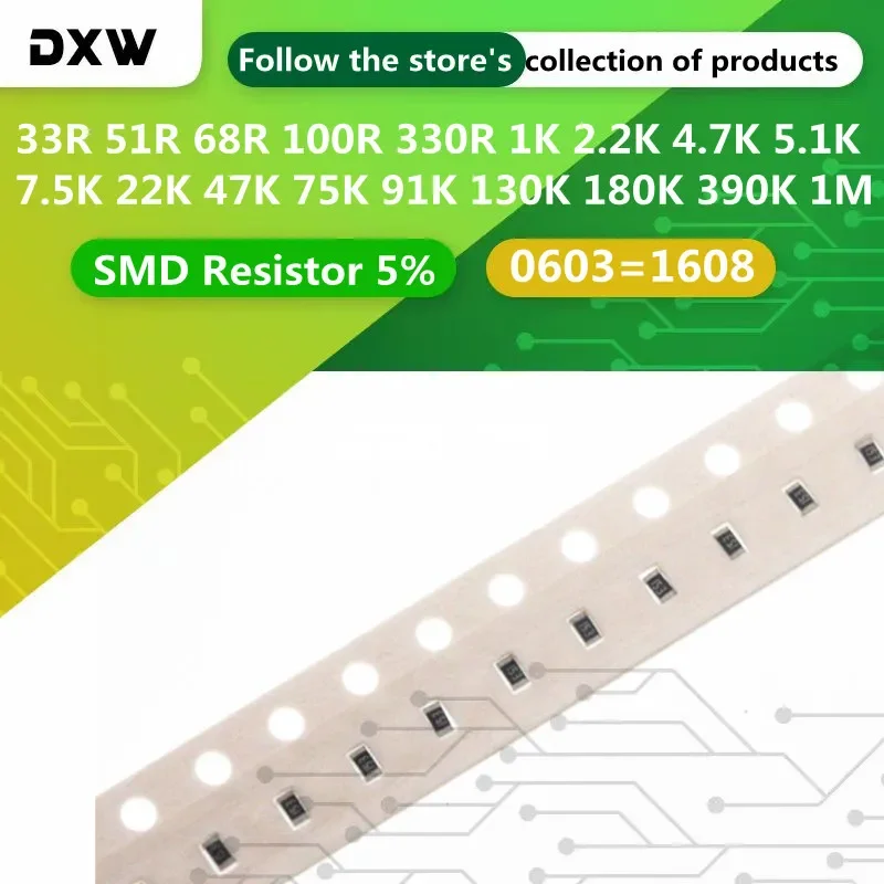 200pcs 0603 Resistor 0 ohm ~ 10M 5% 1/10W 33R 51R 68R 100R 330R 1K 2.2K 4.7K 5.1K 7.5K 22K 47K 75K 91K 130K 180K 390K 1M 3M