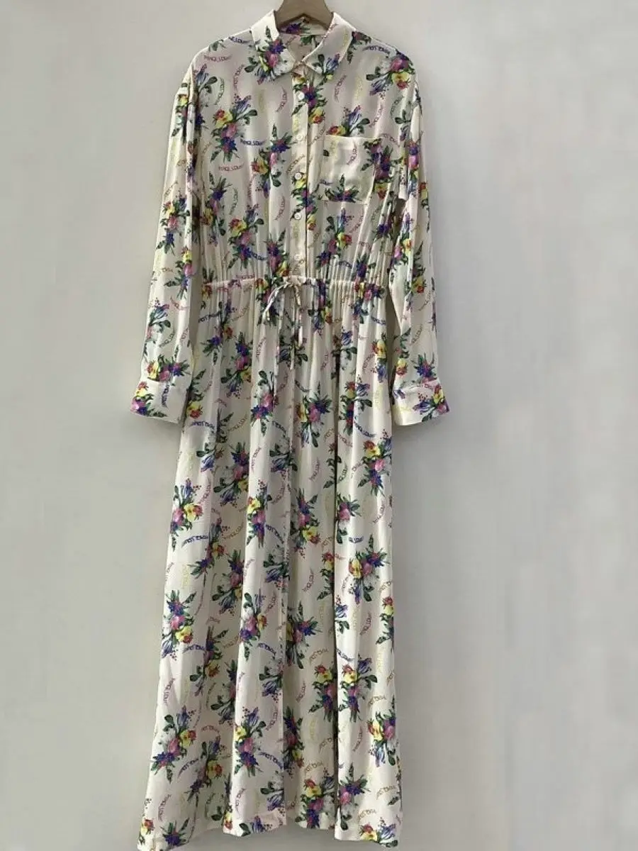 

100% Viscose Women Slit Maxi Dress Letter Flower Print Turn-down Collar Long Sleeve Elastic Waist Elegant Fashion Robe