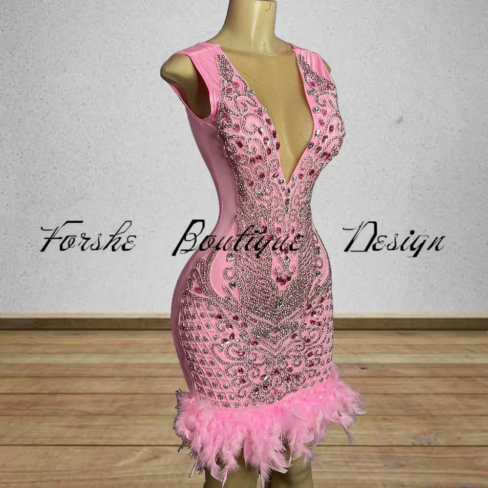 Pink Birthday Dresses Luxury Feathers Short Mermaid Prom Gowns Sheer Neck Vestidos De Graduación Customized Party Outfits