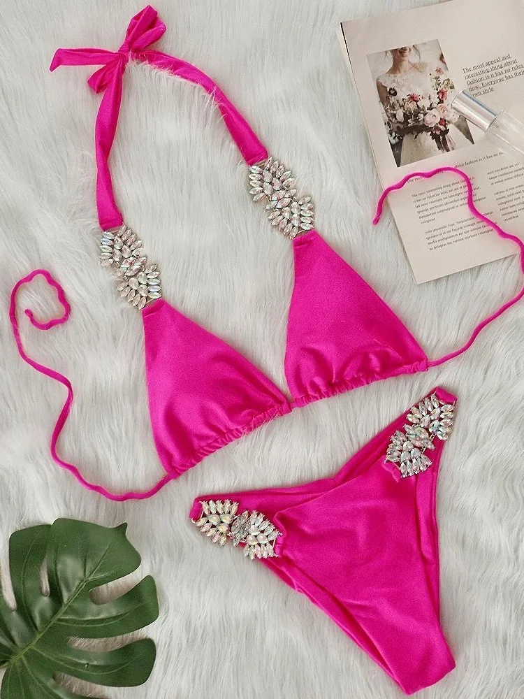 

Sexy Rhinestone Bikini 2025 Women Luxury Hot Pink Diamond Push Up Thong Swimsuit Summer Bathing Suit Two Piece Swimsuit Biquini