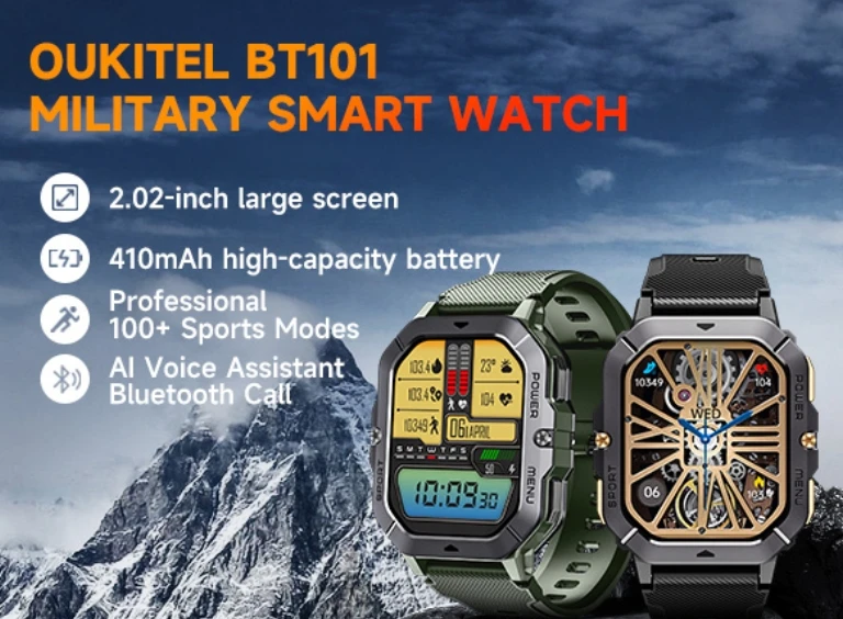 Oukitel Bt101 Sports Smartwatch, Touch Screen, Large Capacity Battery, AI Voice Assistant, Bluetooth Call, 2.02 Inches, 410mAh