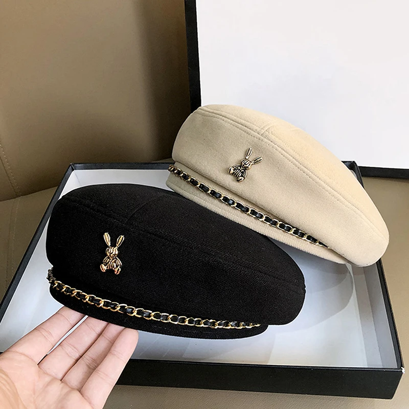 Women Rabbit Berets Style For French Artist Warm Winter Beanie Hat Solid Color Elegant Lady All Matched Painter Caps