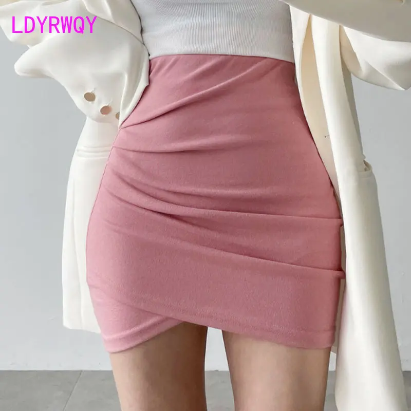 Elastic Waist Pleated Wrapped Hip Skirt Sexy Versatile Short Skirt Half Skirt Women's Simple and Tight Style One Step Skirt