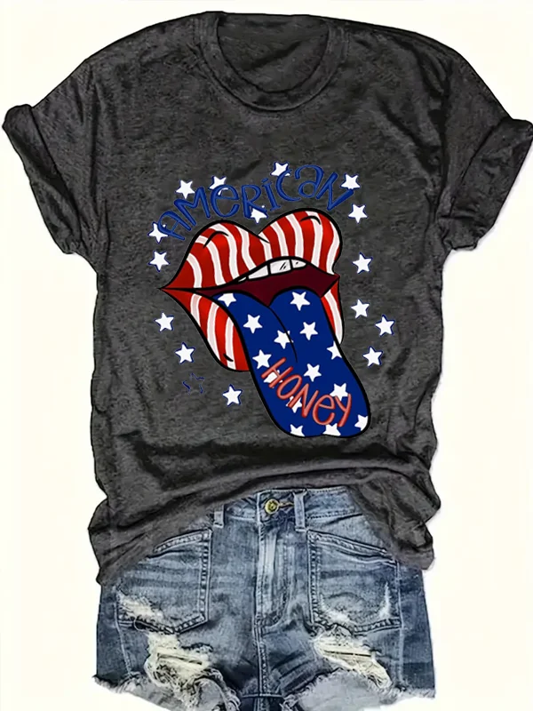 2024 New Trend Independence Day Female T-shirt Funny Cartoon with The American Flag on His Lips and Tongue Print Women Shirt