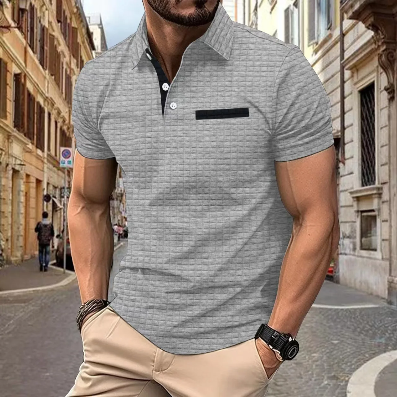 Euro-american 2024 summer POLO shirt with jacquard check lapel Men\'s sports fitness trend short sleeve T blood