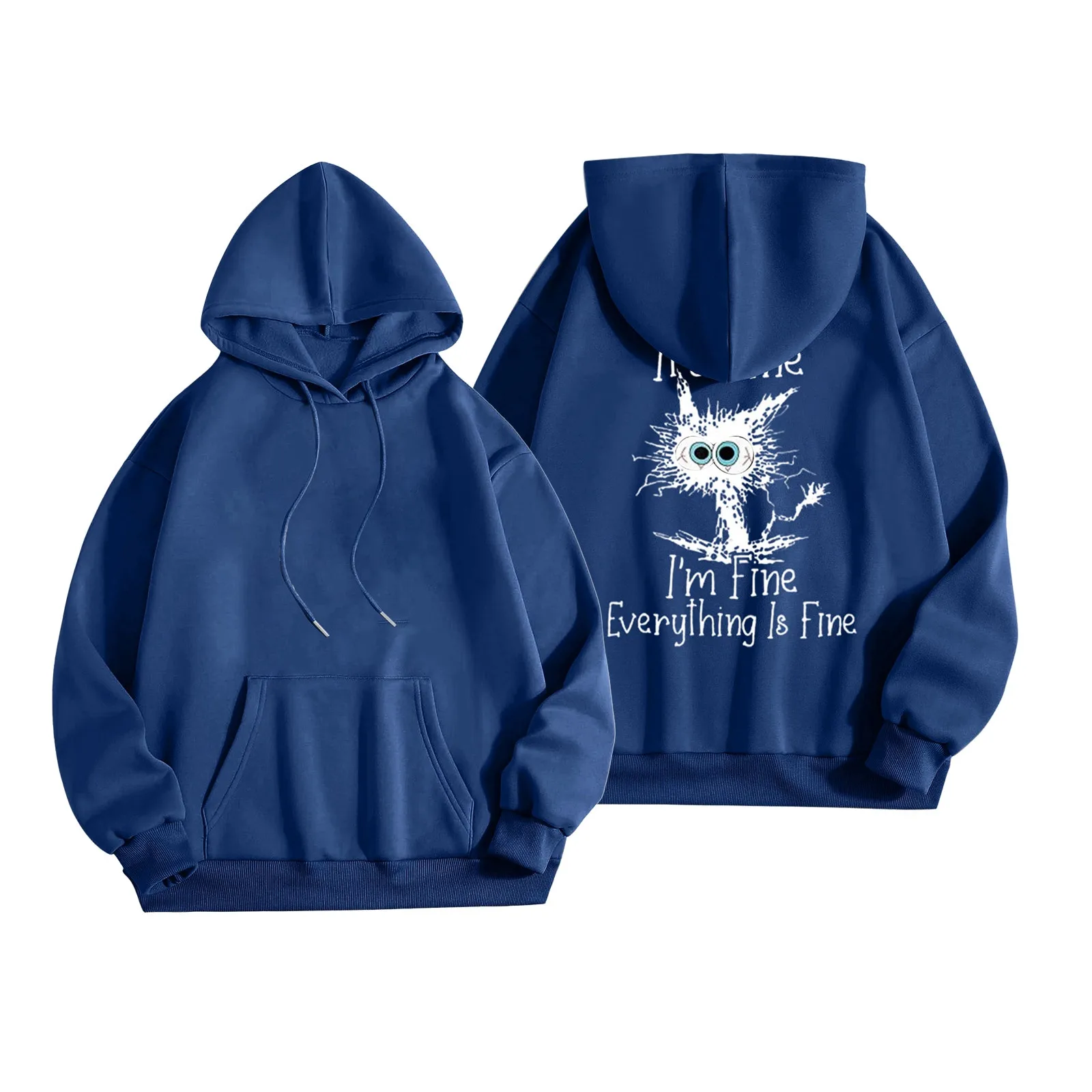 Hoodies casuais femininos com estampa, moletom grande para mulheres, roupas de inverno, gato, estou bem, está tudo bem, Y2K, retrô