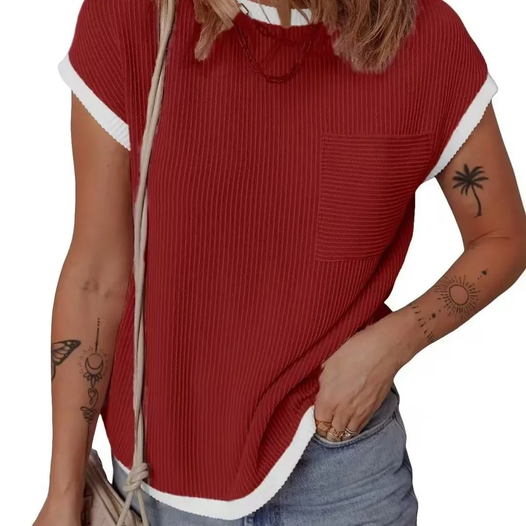 T-shirt da donna a contrasto di colore casual con top a righe intrecciate lavorato a maglia con scollo tondo estivo 2025