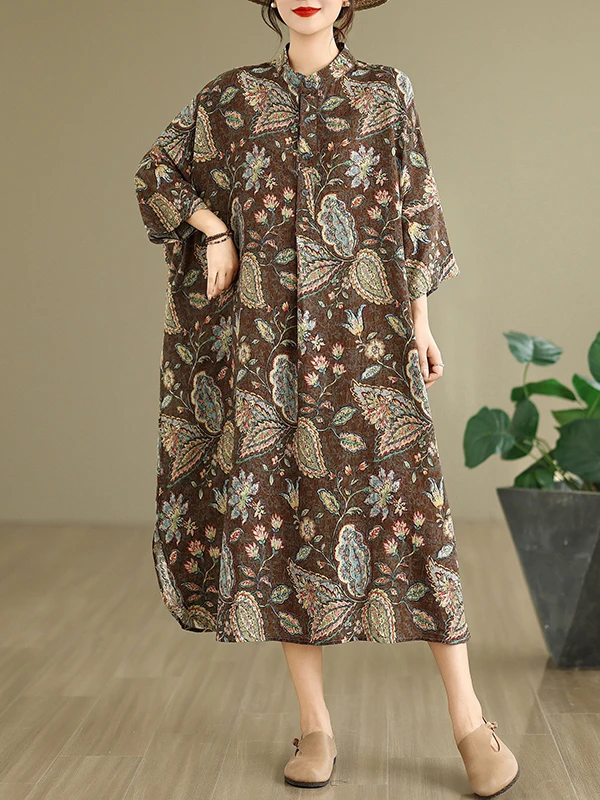 Rétro coton lin imprimé col montant ample Maxi Dr pour les vacances automne nouveauté Ele artistique grande taille femmes Dr