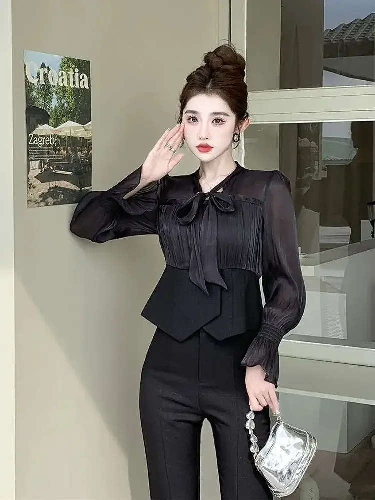 Splicing Blouse And Pant Sets For Women 2 Pieces Shirt Lace Up Black Trousers Woman Korean Style Offer Korean Style Full Co Ord