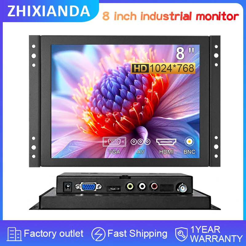 8 Inch Open Frame Industrial Lcd Monitor Wall-Hanging Metal Case Display with VGA/HDMI/BNC/USB/AV Signal Input