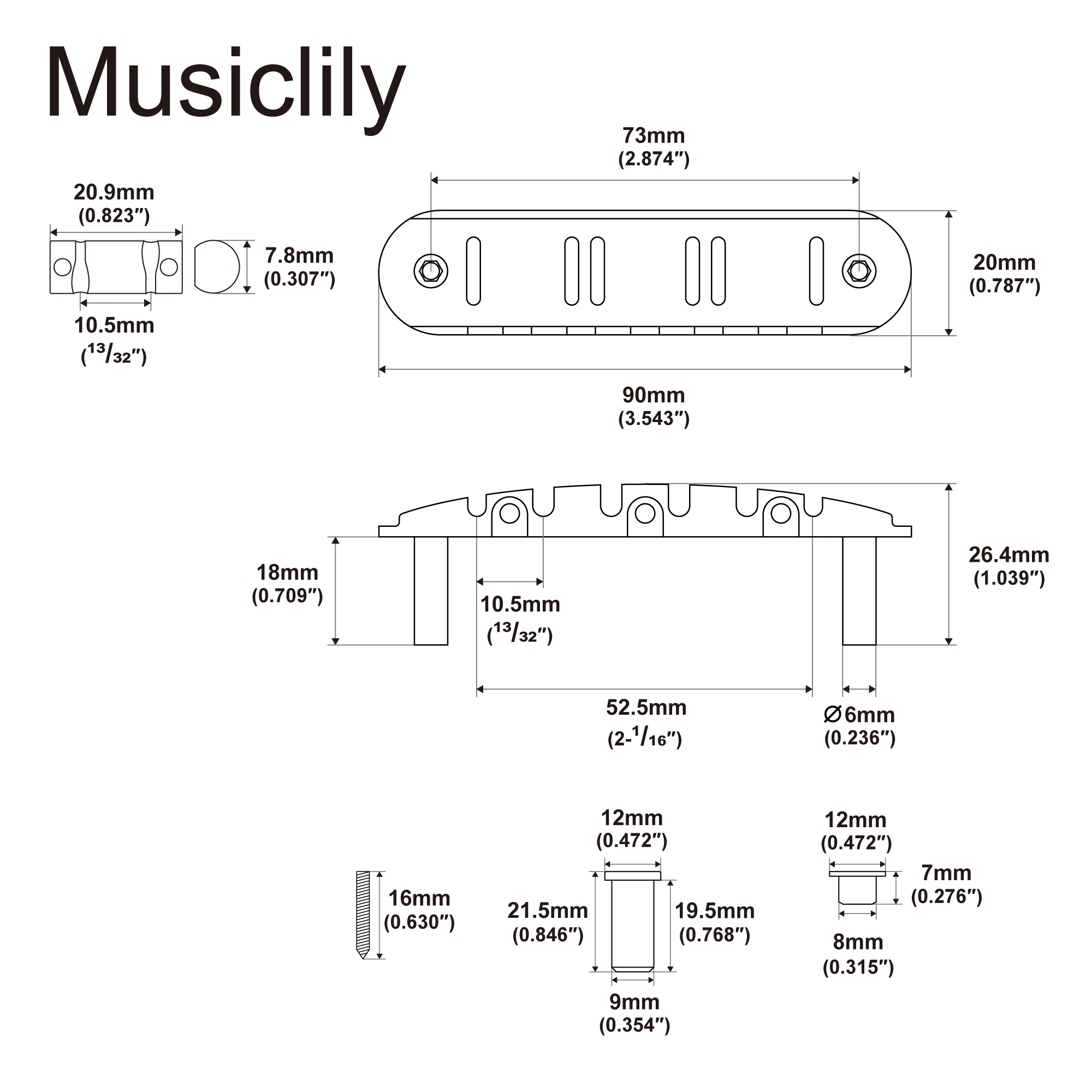 Musiclily Ultra 52.5mm Offset Bridge with Full Solid Brass Open-ended Plate Compensated 3-Saddle for Jazzmaster Guitar
