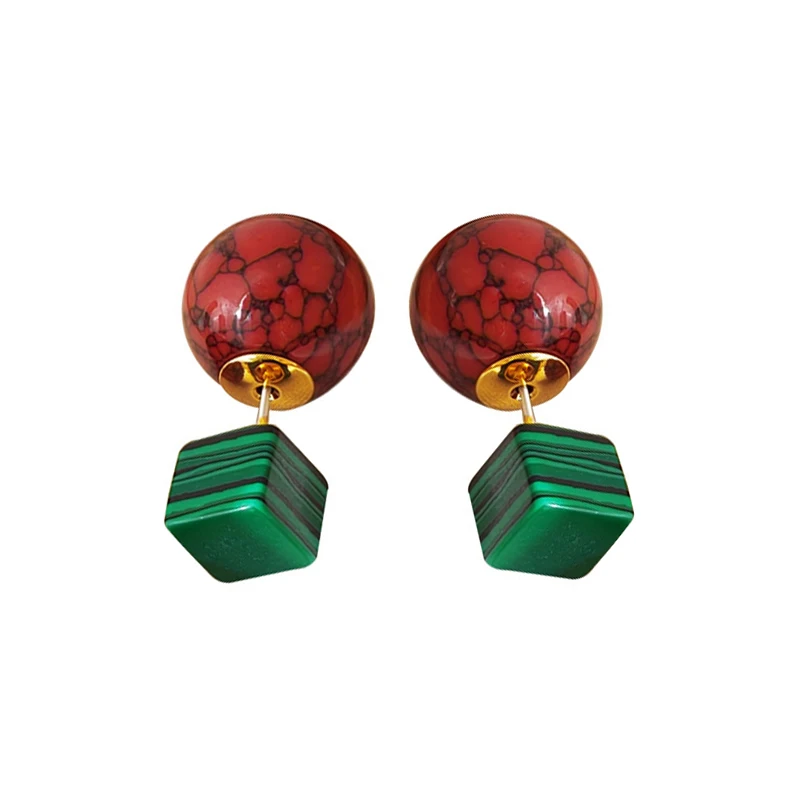 

Elegant Dual Wearing Stone Stud Earrings for Women Round Red Turquoise and Cube Malachite Geometric Design Chic Jewelry Earrings