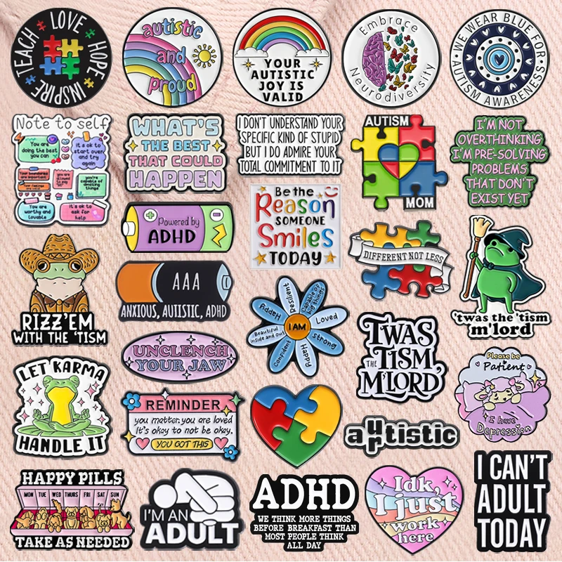Broches en émail sur le thème de la santé mentale et du TDAH, avec motifs 'Twas The Tism M'lord' et 'Puzzle Autisme', pour la sensibilisation à l'autisme, badges de revers, bijoux, cadeaux pour amis