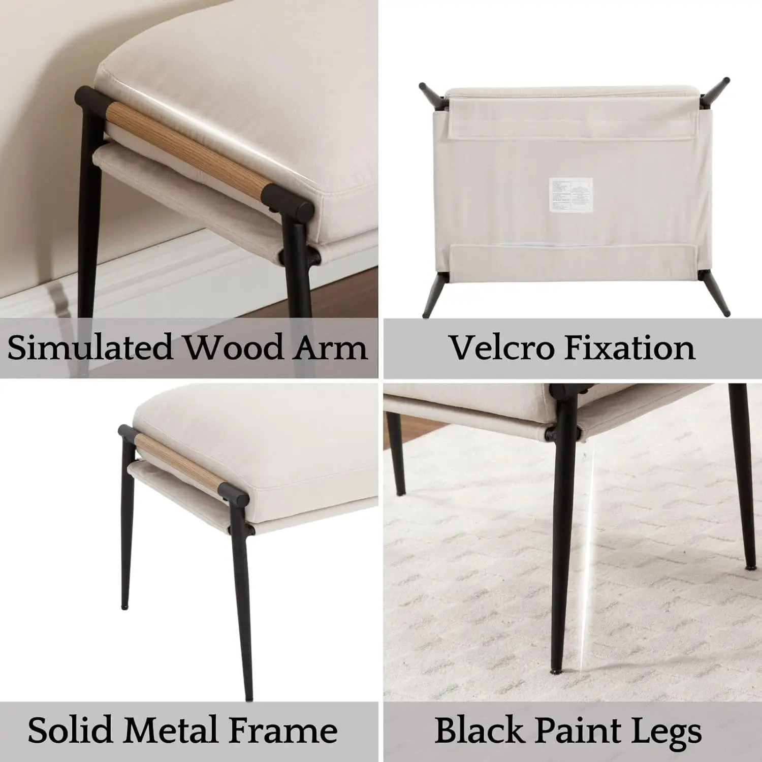 베이지 색상의 셔닐 풋스툴, 검정색 금속 다리와 나무 팔걸이, 거실이나 현관용 모던 오토만