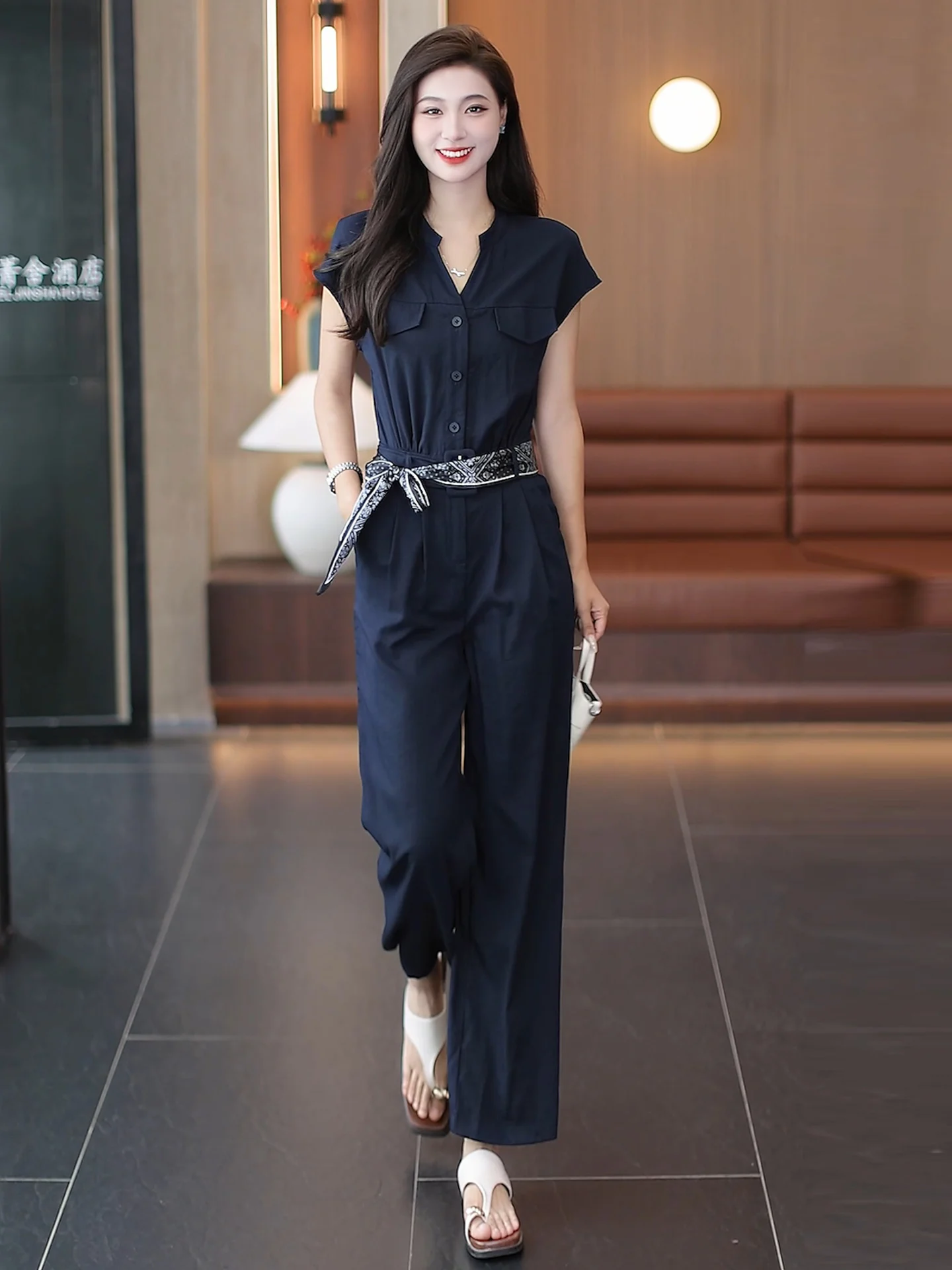 ファイオナブル レディース スーツセット スリム ワンピースパンツ Vネック ロングパンツ ボタン留め エレガント 夏服