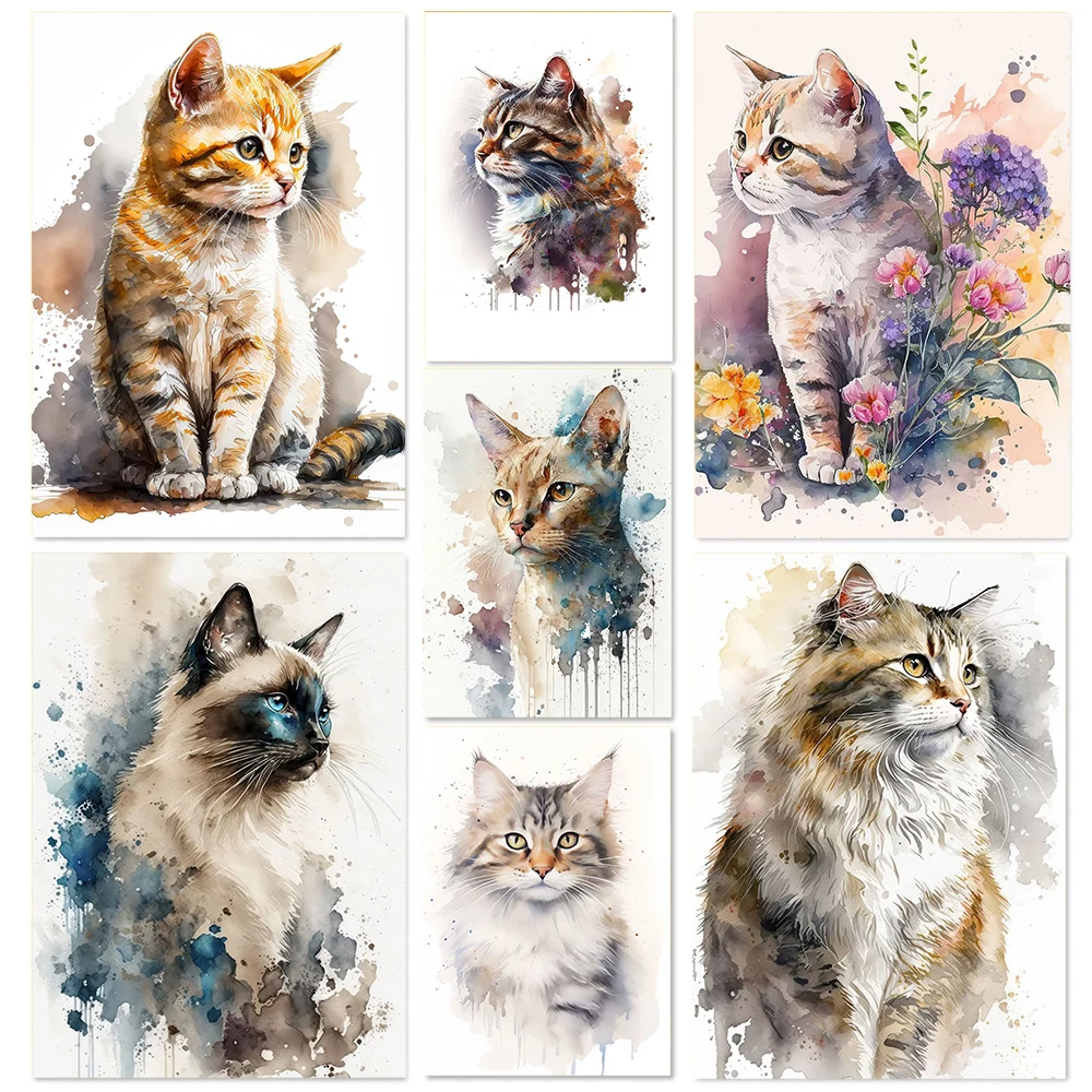 Retro Elegant Cute Watercolor Siamese English Short Cat Art Poster Oil Canvas Printed Mural Living Room Bedroom Home Decorati