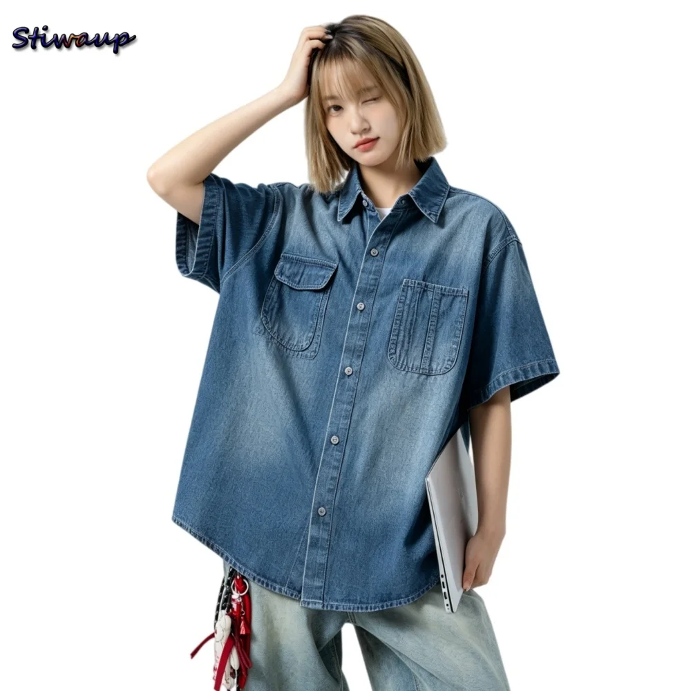 

Women's Denim Shirt Blue Vintage Wash Short Sleeve Denim Shirts for Woman 2026 Cotton Cowboy Blouse Western Loose Designer Tops