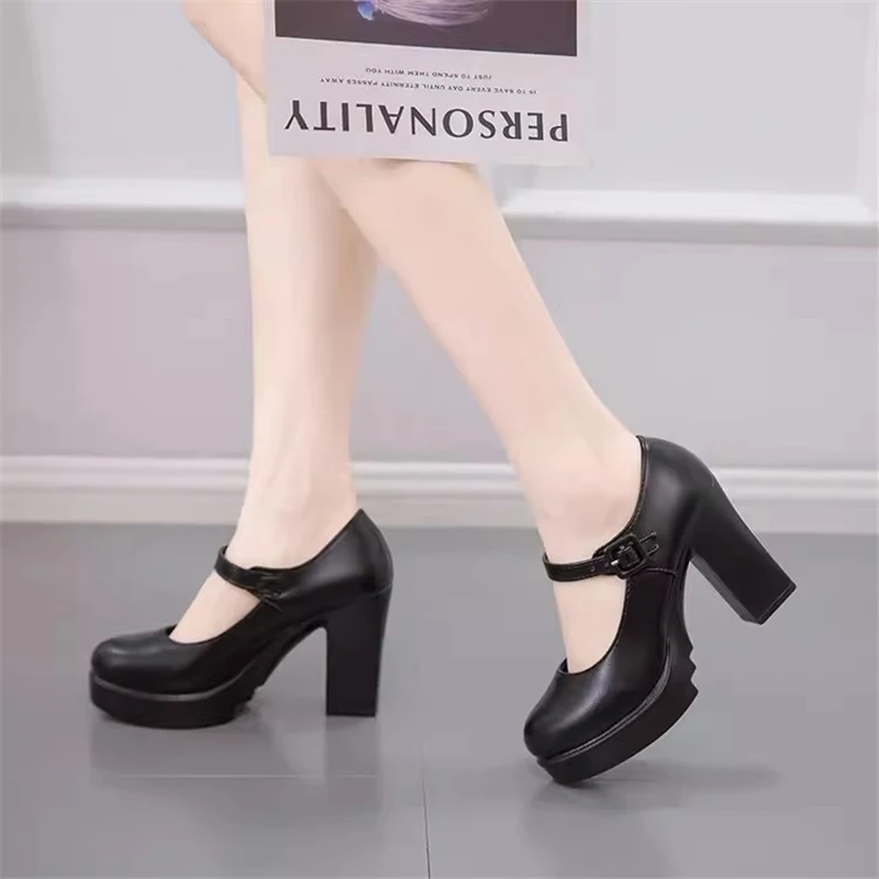 

Spring new round toe shallow leather thick heel work single shoes banquet catwane daily large size high-high-heled women's shoes
