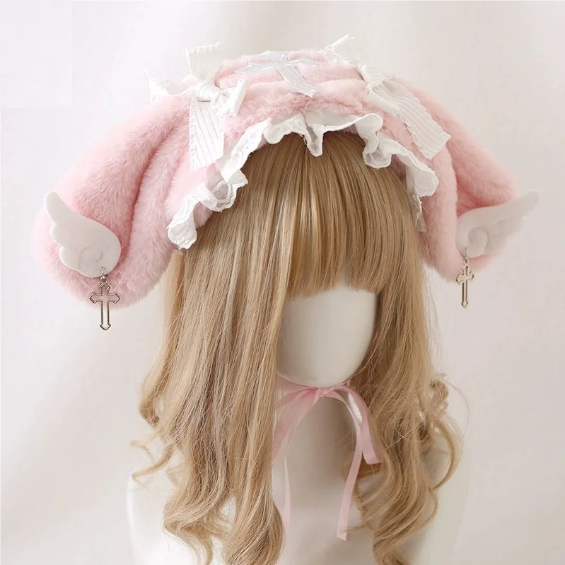 Rabbit ear hairband cute plush angel wings headpiece Lolita headpiece view 5