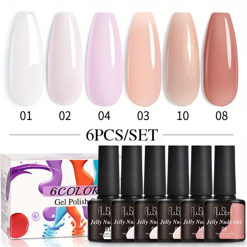 

AWStorG 6Pcs/Set 7.5ML Jelly Nude Gel Nail Polish Translucent Pink Nail Gel Varnish Soak Off UV Gel Polish Long Lasting