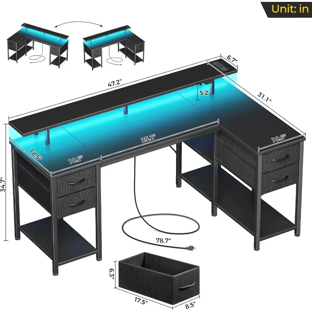 L Shaped Computer Desk with Drawers 47.2 inch,Gaming Desk with Power Outlets & LED Lights,Reversible Office Desk with Storage