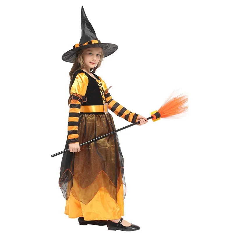 Halloween Mädchen Hexenkostüm Kinder Hexe Langes Kleid mit Hut Kleidung für Kinder Cosplay Party