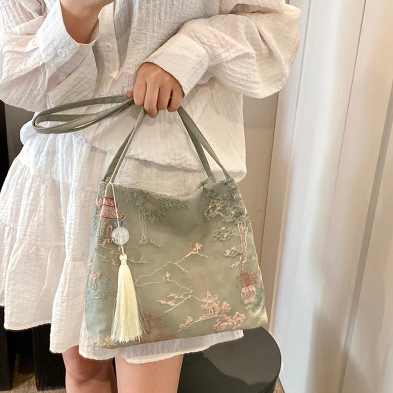 Estilo chinês retro saco de cetim seda bordado jacquard bolsas minimalista bolsa ombro feminino elegante antigo hanfu acessórios