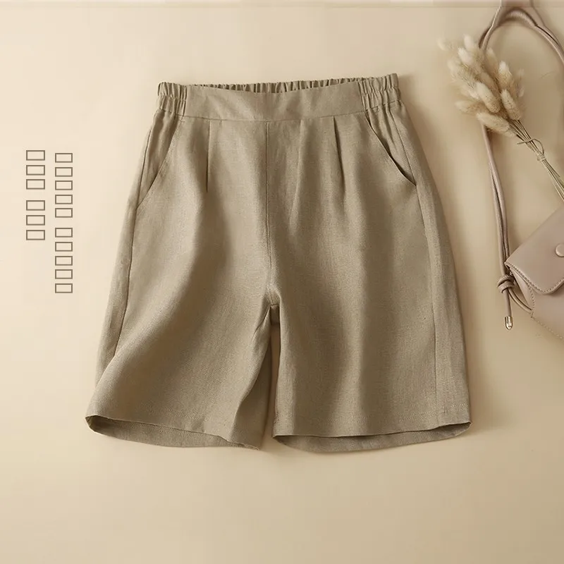 

Повседневные женские шорты из хлопка и льна с широкими штанинами, на резинке, свободного кроя, с высокой талией, прямые, летние, тонкие, хлопковые, карго-шорты