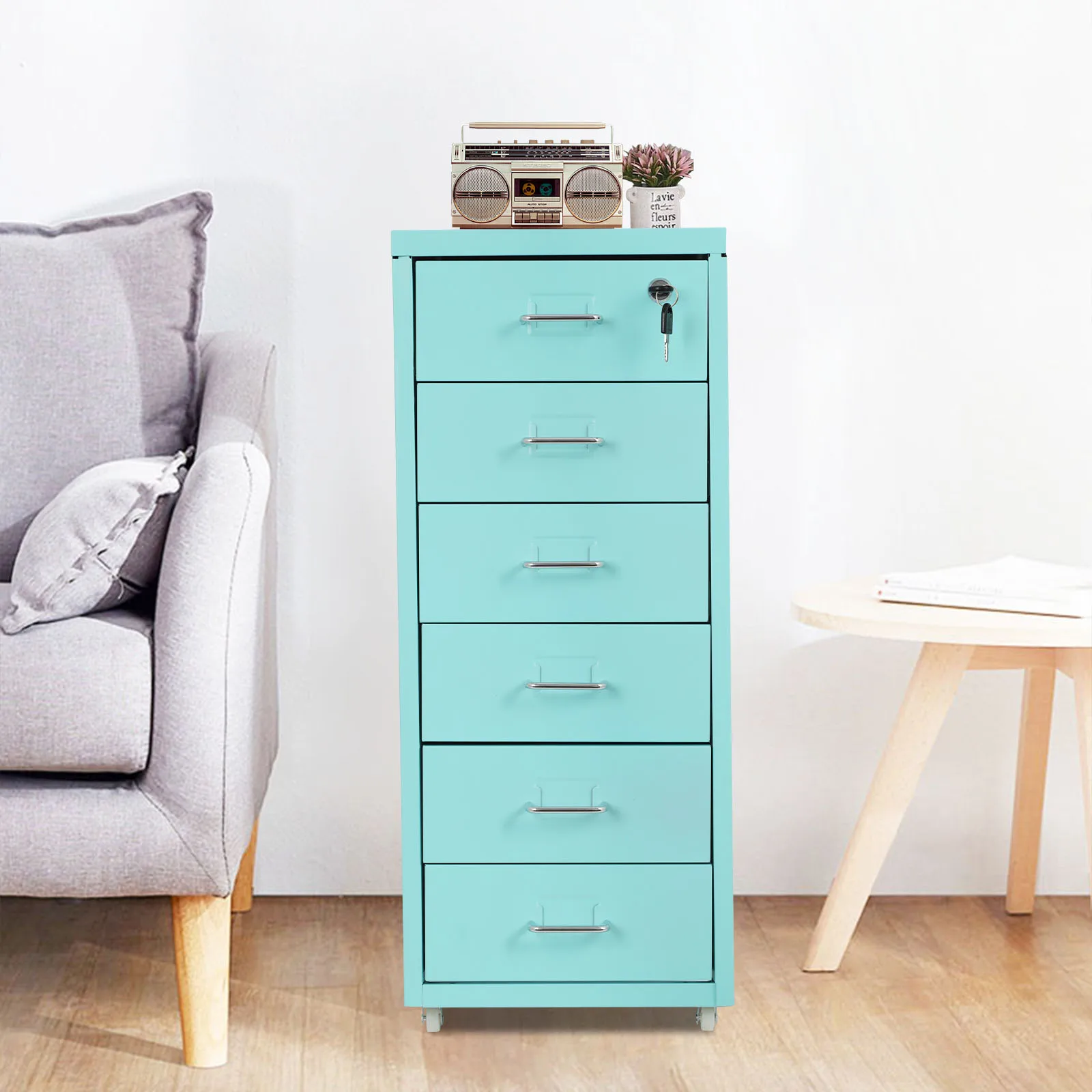 6-Tiers: Vertical File Cabinet,Cold-Rolled Steel Metal File Cabinet with Lock, Filing Cabinet Blue in the Office, Study