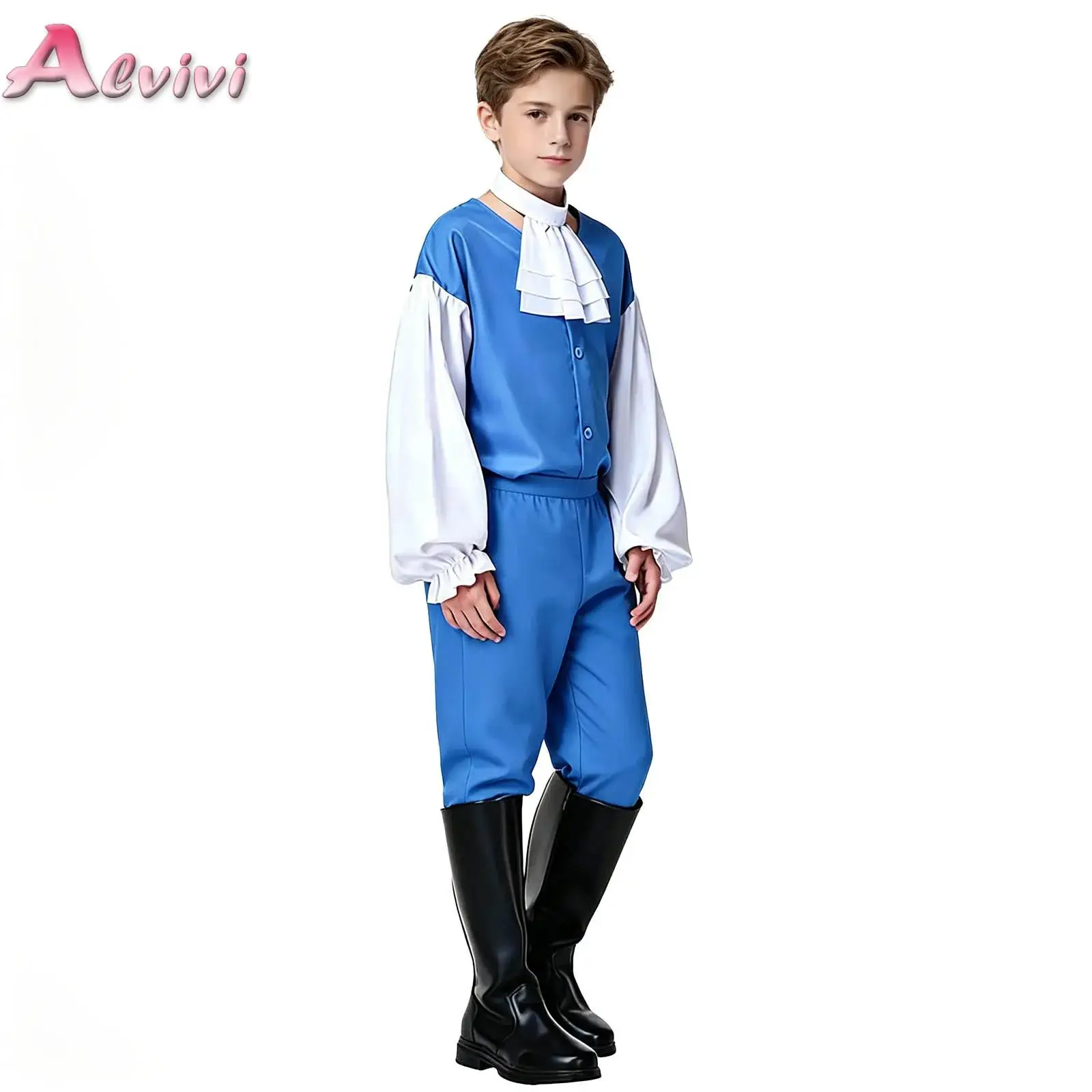 Boys 3 Pcs Court-style European Noble Prince Performance Costume Outfit Lantern Sleeve Top Collar Pants for Halloween Roleplay