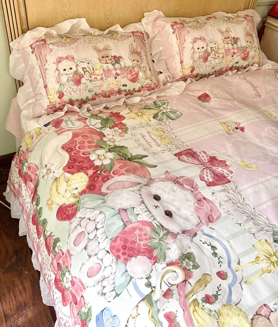 Cute rabbit strawberry cat bear bedding set single double,twin full queen cotton home textile bed sheet pillow case quilt cover