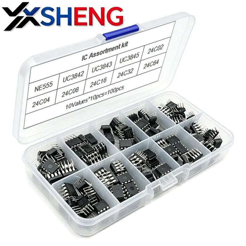 

100PCS/Box 10Values DIP8 IC Assortment KIT NE555 UC3842 UC3843 UC3845 24C02 24C04 24C08 24C16 24C32 24C64 Each 10PCS