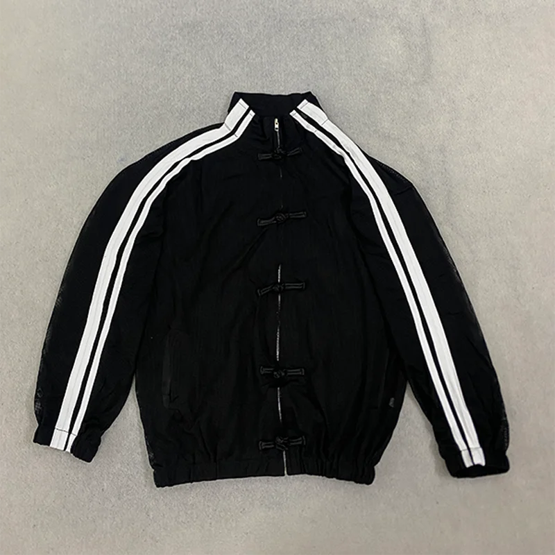 Damen-Mesh-Sweatshirt-Jacke mit Reißverschluss, Stehkragen, Kontraststreifen, Langen Ärmeln, Froschknöpfen, Lockerer Passform, Y2K-Streetwear – Detail 22