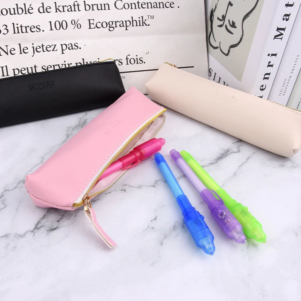 3ชิ้นกระเป๋านักเรียนโรงเรียนใส่ดินสอหนัง PU แบบพกพาความจุมากเครื่องเขียนกระเป๋าดินสอบางมีซิปอเนกประสงค์