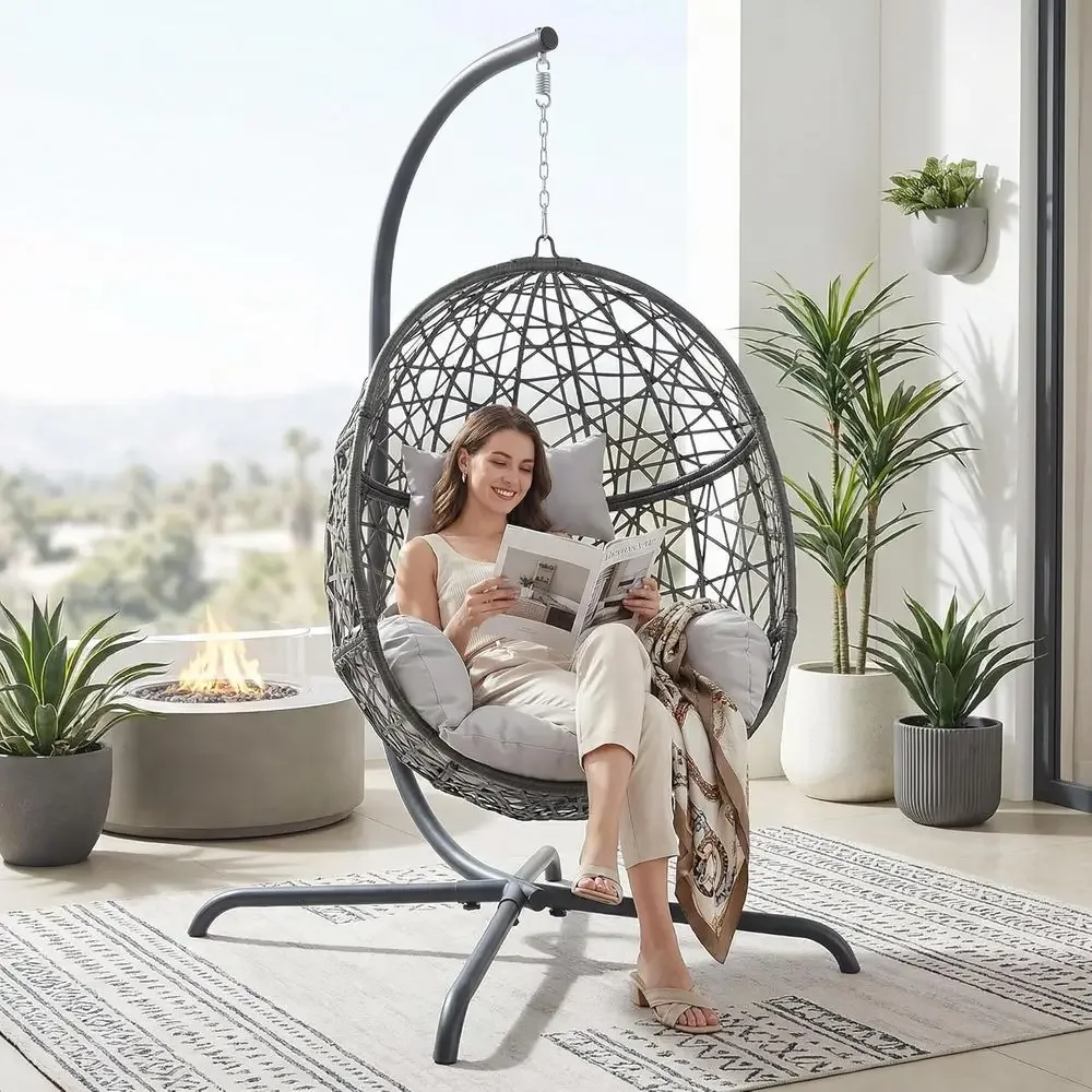 Outdoor Indoor Boho Style Wicker Swing Chair with Stand, 350lbs Capacity, Weather-Resistant Hanging Egg Seat with Cushions, Suit