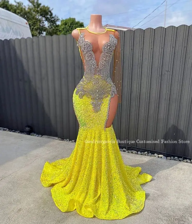 Bright Yellow Luxury Mermaid Prom Dress 2024 Exquisite One Shoulder Sleeve See Through Mesh Black Girls Birthday Party Ball Gown