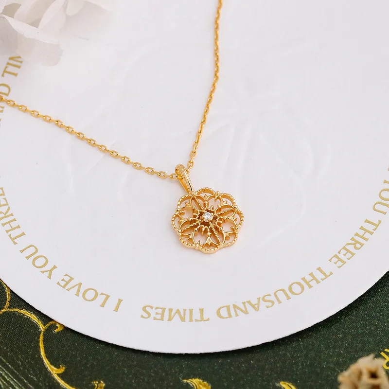 LAMOON Vintage Exquisite Medieval Flower Petals Hollow Pattern Pendant Necklace 925 Sterling Silver Gold Plated Fine Jewelry