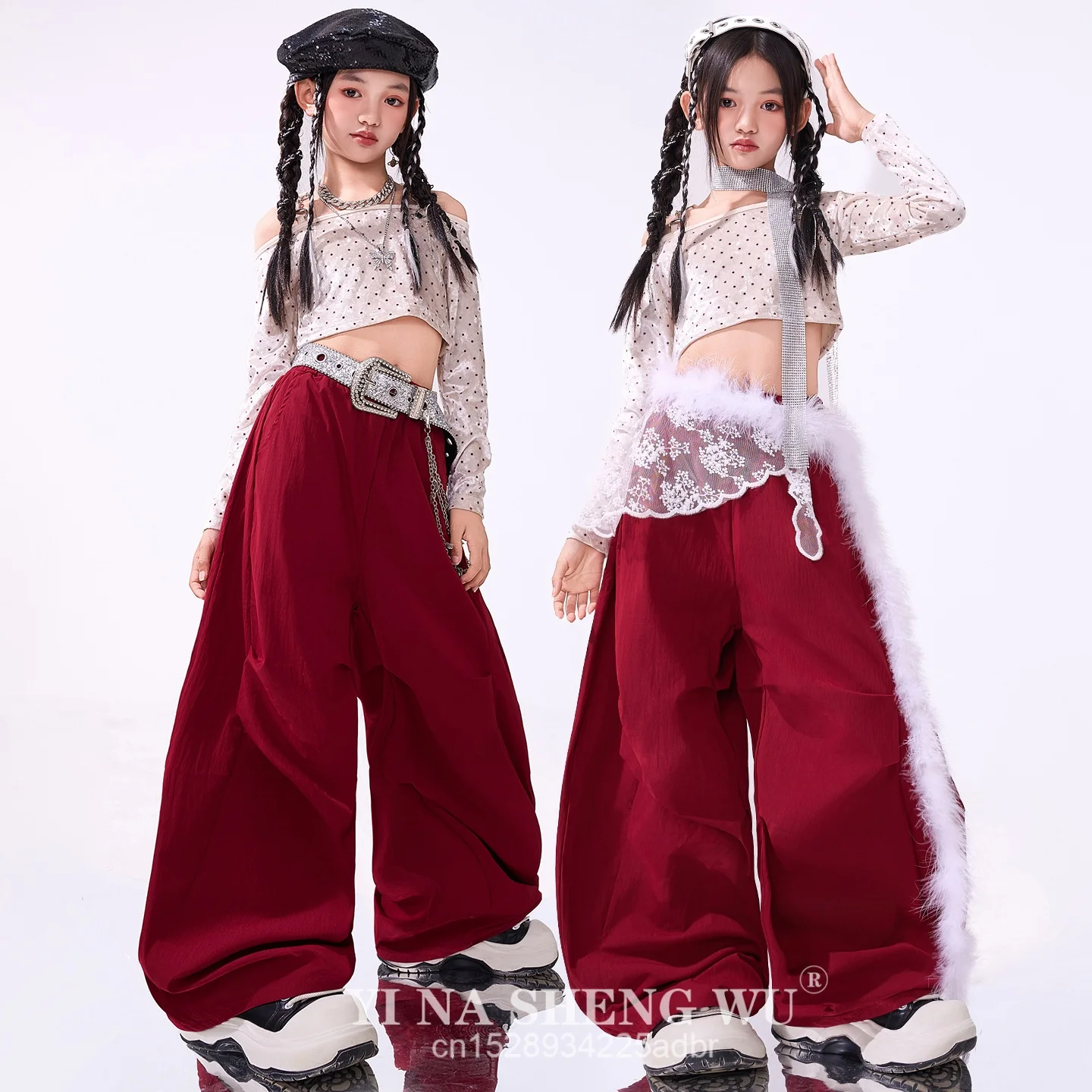

Детский джазовый наряд Kpop танцевальный костюм для девочек, школьная одежда для выступлений, винно-красные брюки с перегородками, одежда для уличных танцев