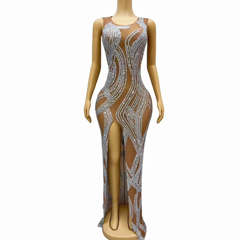 

Sexy Silver Rhinestones High Split Sleeveless Brown Dress Shining Birthday Evening Celebrate Costume Party Photoshoot Dress