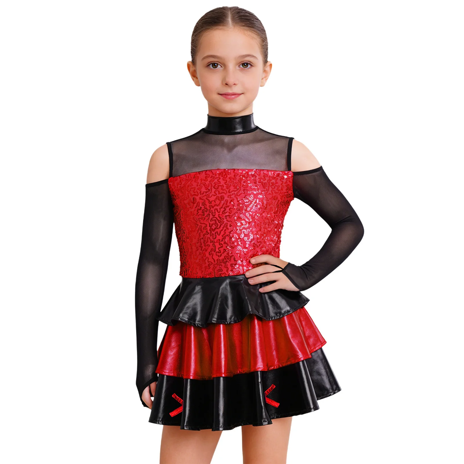 

Kids Girls Hip Hop Jazz Ballroom Dance Performance Costume Long Sleeve Shiny Sequins Tiered Ruffled Ballet Dance Dress Dancewear