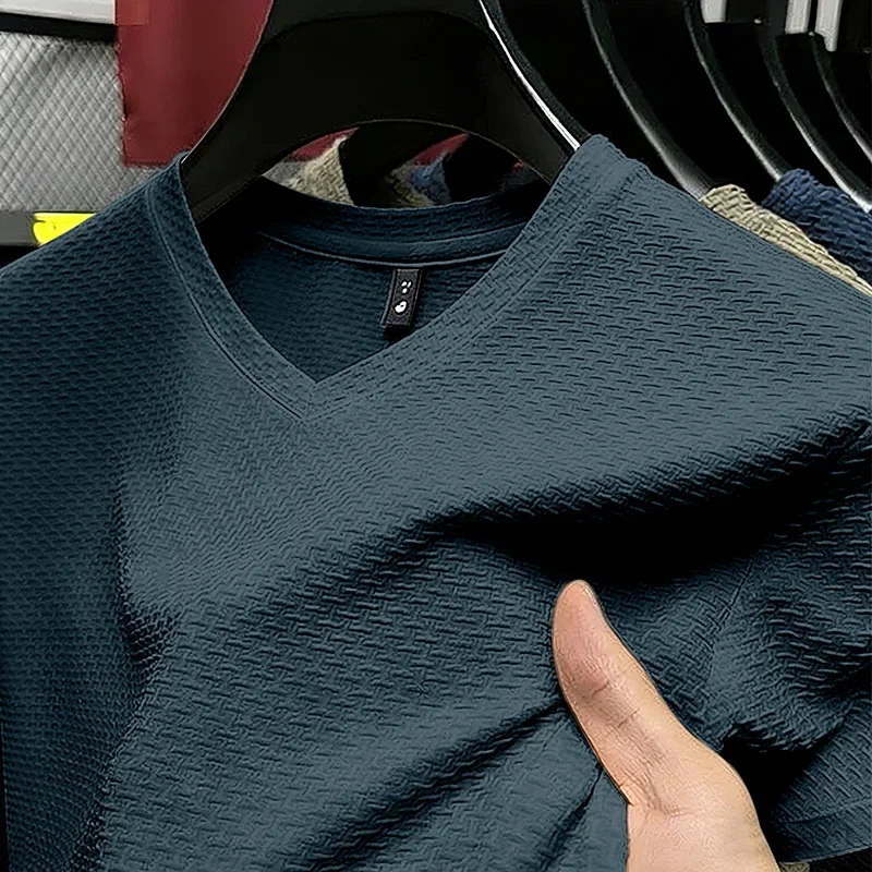 Fashion Men's Business Casual Ice Silk T-Shirt V Neck Short Sleeve Khaki Daily Work Wear image 5