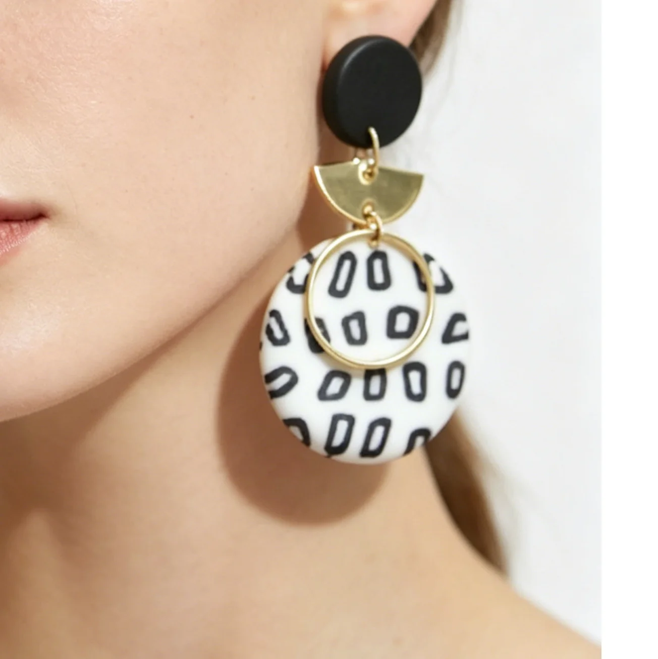 Artsy Black White Patterned Clay Earrings Minimalist Geometric Dangle Abstract Dalmatian Jewelry Monochrome Statement Earrings