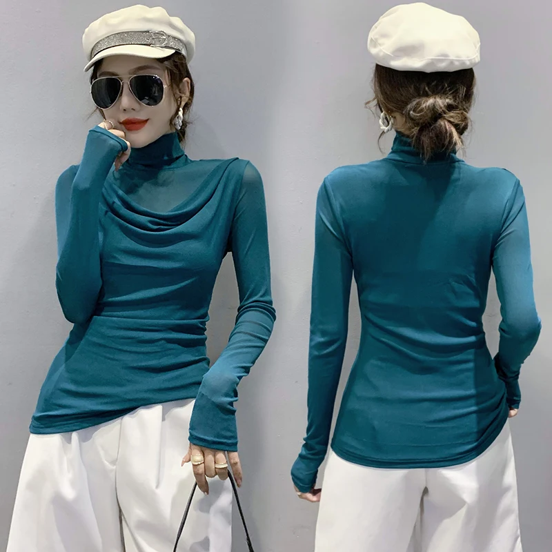 MadBlack-Women's European Fleece T-Shirt, Sexy Turtleneck Solid Mesh, Fashion Long Sleeve Slim S-3XL Tee, 2025 Autumn T5N215CC