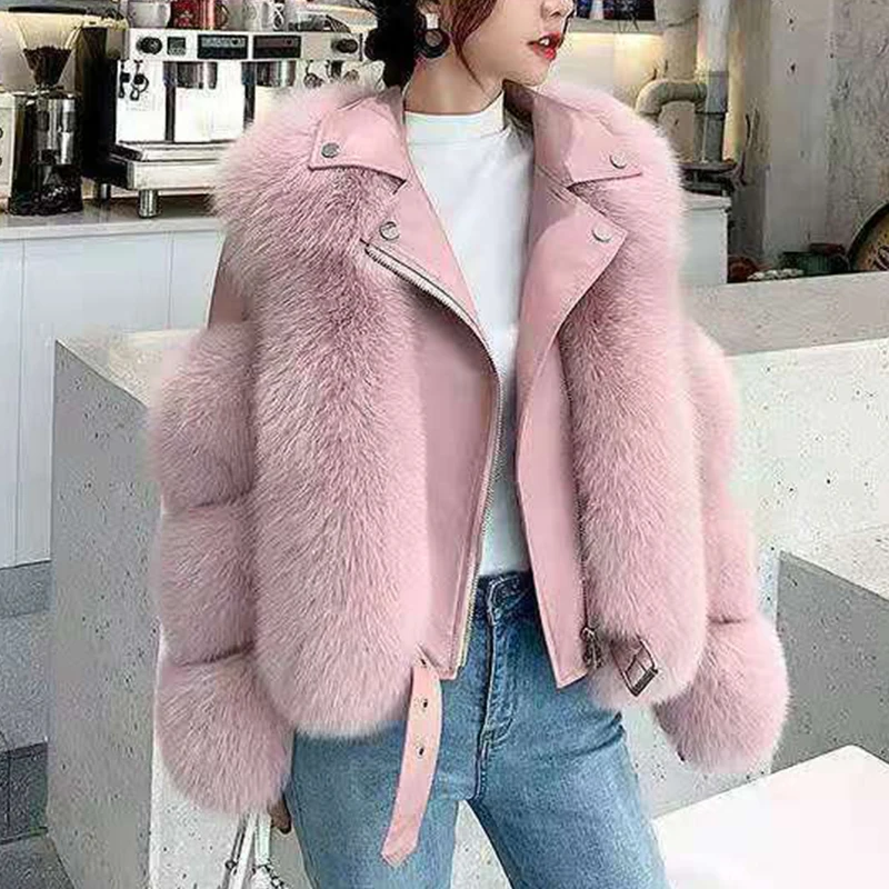 2023 Pu Leather Faux Fur Motorcycle Jackets Women Fashionable Warm Short Fox Fur Jacket Autumn Winter Ladies Luxury Short Coat