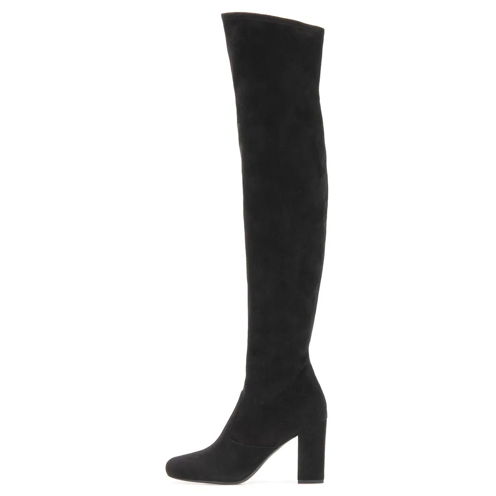 كعب سميك أسود من جلد الغزال أحذية مرنة التخسيس فوق الركبة بوتينز سحب على حجم كبير طويل النساء بوتاس Femininas Chaussure #1