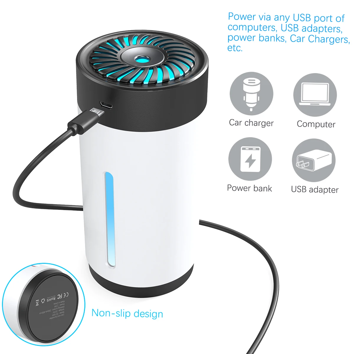 dodocool 300ml Mini Ultrasonic USB Humidifier with 7 Colors LED Light Dual Mist Modes Whisper-Quiet Operation & Automatic Shut