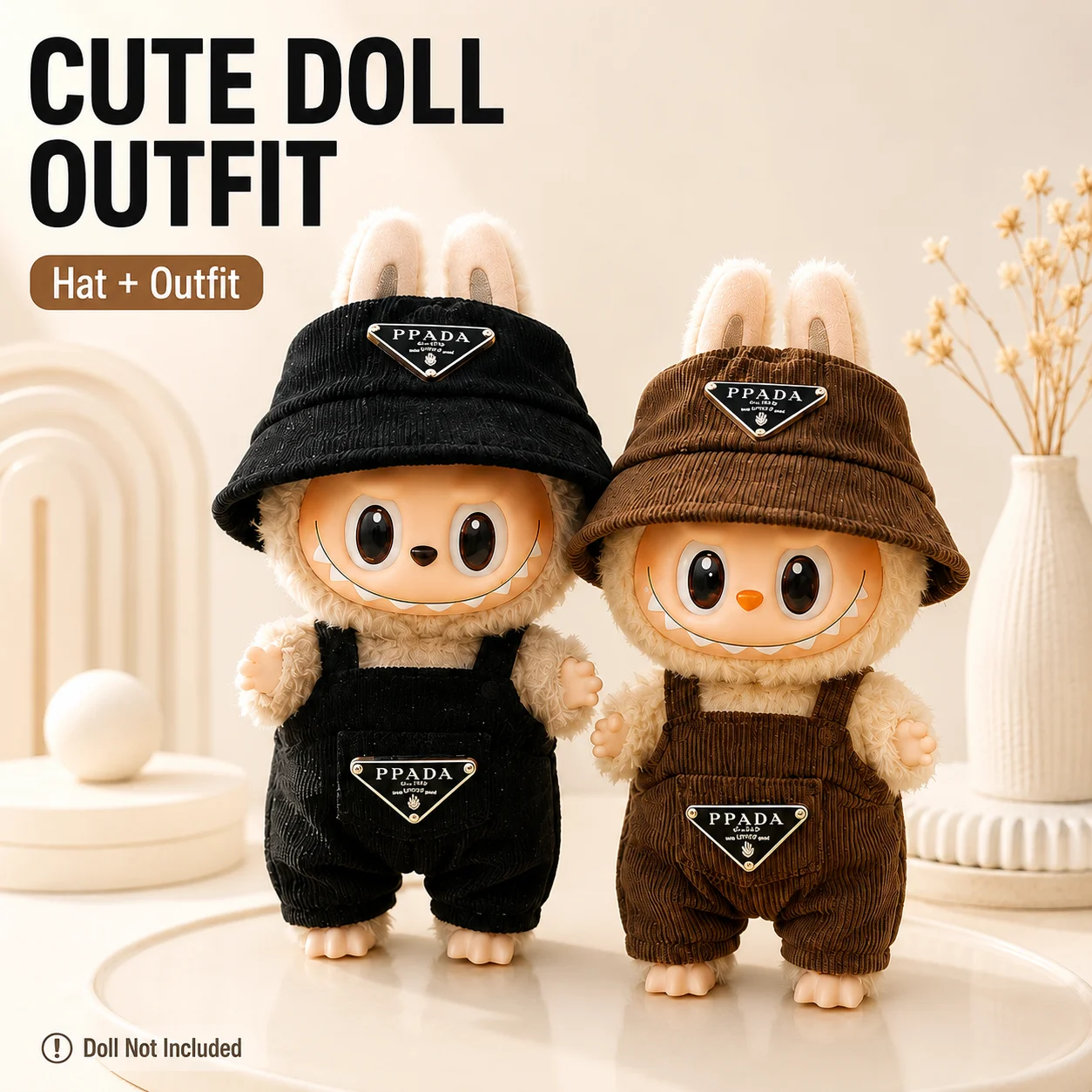17cm Doll Clothes Set Compatible with Labubu Plush Doll, Cute Corduroy Rabbit Ear Hat & Outfit, Mini Doll Dress Up Accessories