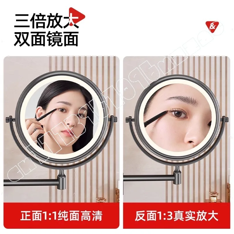 Bathroom Suction Cup with Lamp Cosmetic Mirror Wall Hanging Toilet Telescopic Folding Mirror No Punching Rotatable Magnifying image 3