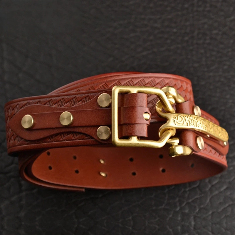 

3.8CM Cavalry Belt Embossed Men's Carved Buckle Genuine Leather Belt Male Head Layer Cowhide Retro Casual Trend Pants Belts
